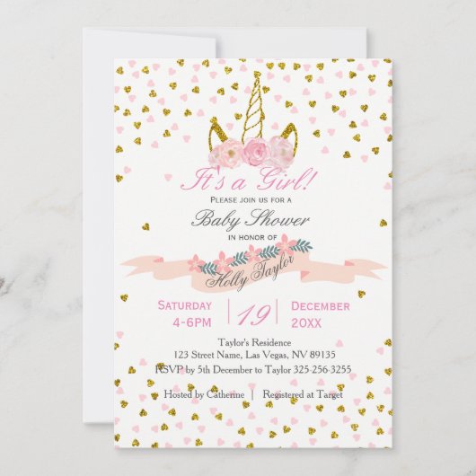 金ゴールドとピンクユニコーンベビーシャワー招待状 招待状 (正面)