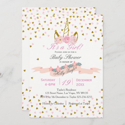 金ゴールドとピンクユニコーンベビーシャワー招待状 招待状 (正面/裏面)