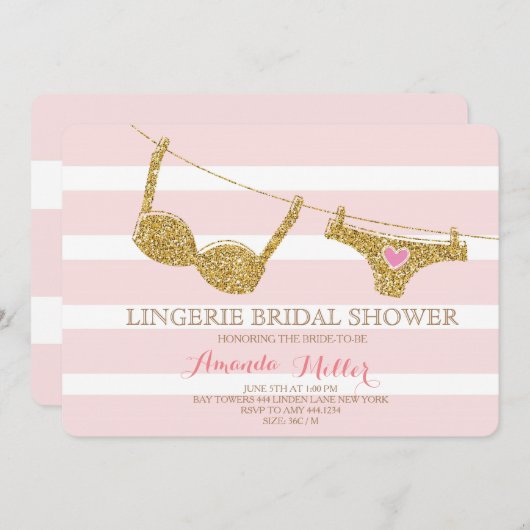 金ゴールドとピンクリンジェリーブライダルシャワー招待状 招待状 (正面/裏面)