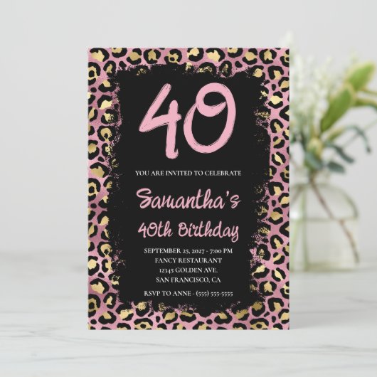 金ゴールドとピンク絵を描ヒョウブラック40歳の誕生日 招待状 (スタンド正面)