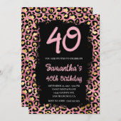 金ゴールドとピンク絵を描ヒョウブラック40歳の誕生日 招待状 (正面/裏面)