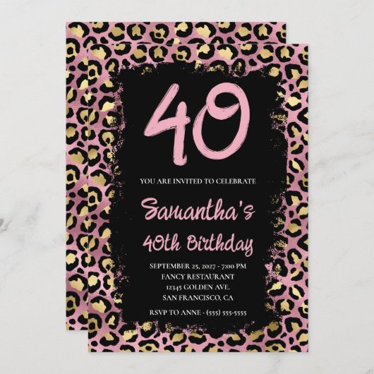 金ゴールドとピンク絵を描ヒョウブラック40歳の誕生日 招待状 (正面/裏面)