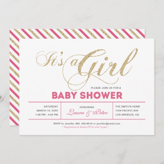 金ゴールドとピンク |シックなタイポグラフィベビーシャワー 招待状 (正面/裏面)