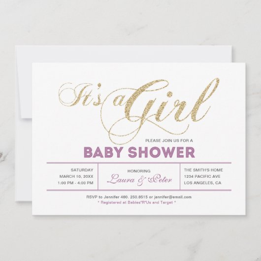 金ゴールドとピンク |シックなタイポグラフィベビーシャワー 招待状 (正面)