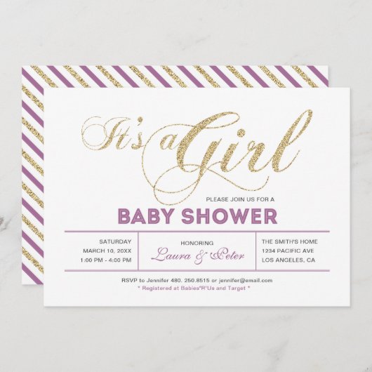 金ゴールドとピンク |シックなタイポグラフィベビーシャワー 招待状 (正面/裏面)