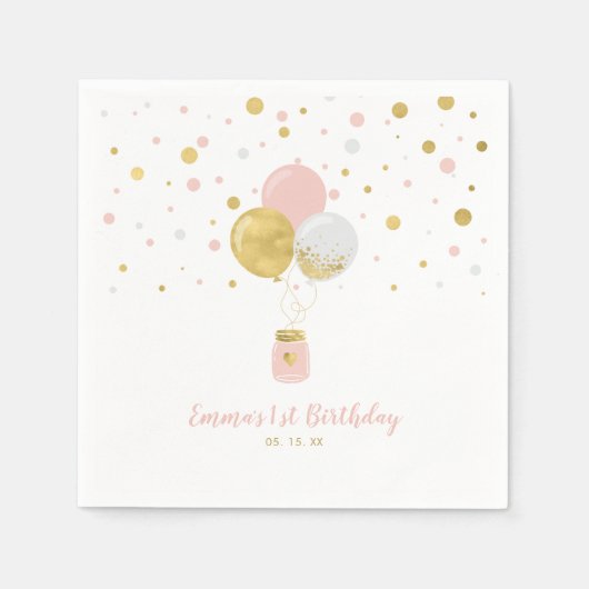 金ゴールドとピンク |バルーン&紙吹雪ガール誕生日 スタンダードカクテルナプキン (正面)