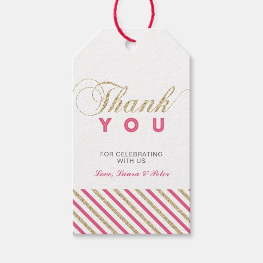 金ゴールドとピンク |パーティモダンーのお願いありがとうございますラベル ギフトタグ (正面)