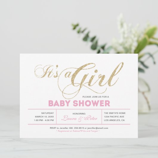 金ゴールドとピンク |女の子、モダンタイポグラフィ赤ちゃんシャワー 招待状 (スタンド正面)