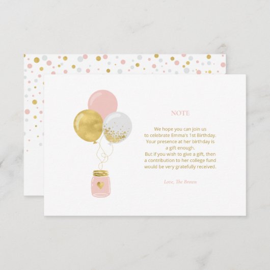 金ゴールドとピンク |誕生日パーティギフトエンクロージャカード サンキューカード (正面/裏面)