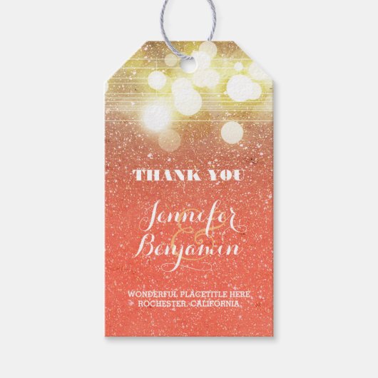 金ゴールドとピーチストリングライトグリッター結婚ズ ギフトタグ (正面)