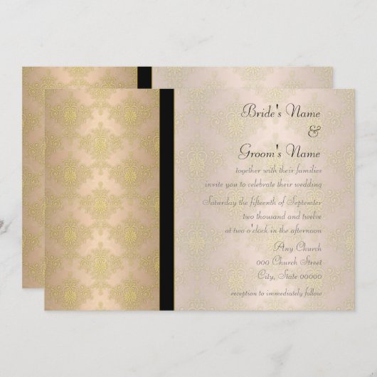 金ゴールドとピーチダマスクウェディング招待状 招待状 (正面/裏面)