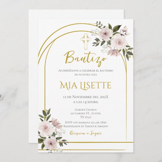 金ゴールドとフローラのスパでの女の子への洗礼の招待 招待状 (正面/裏面)