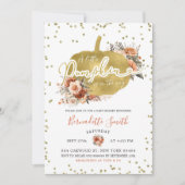 金ゴールドとフローラ燃えたオレンジカボチャ赤ちゃんシャワー 招待状 (正面)