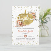 金ゴールドとフローラ燃えたオレンジカボチャ赤ちゃんシャワー 招待状 (スタンド正面)