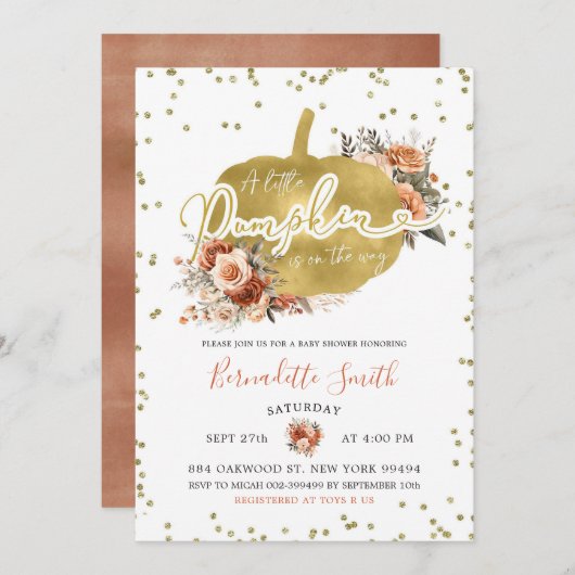 金ゴールドとフローラ燃えたオレンジカボチャ赤ちゃんシャワー 招待状 (正面/裏面)