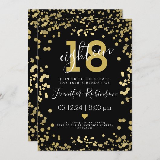 金ゴールドとブモダンラック18歳の誕生日パーティーフォイルドット 招待状 (正面/裏面)