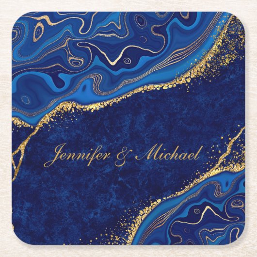 金ゴールドとブモダンロ結婚ーのエレガント名前をカスタムする スクエアペーパーコースター (正面)