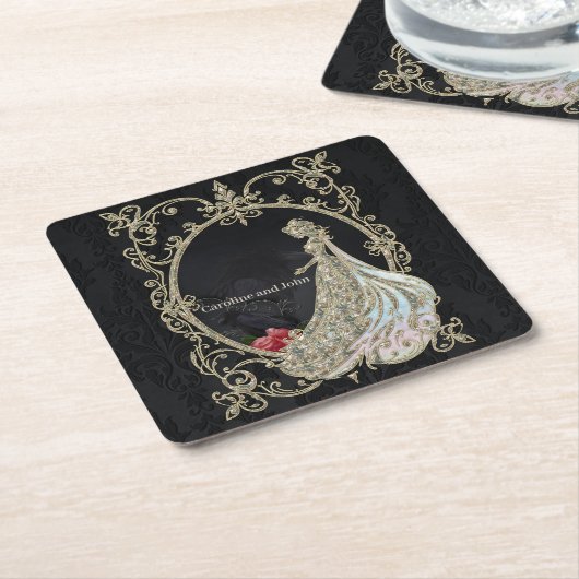 金ゴールドとブラックのエレガンス。 スクエアペーパーコースター (アングル)