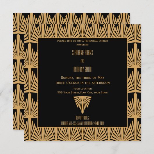 金ゴールドとブラックアールデコパターンのリハーサルディナー 招待状 (正面/裏面)