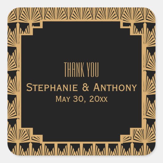 金ゴールドとブラックアールデコパタ結婚ーンありがとう スクエアシール (正面)