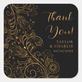 金ゴールドとブラックエレガントフローラ結婚の感謝 スクエアシール