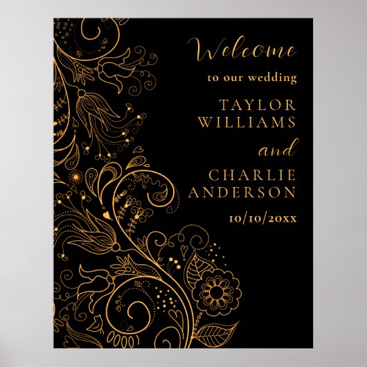 金ゴールドとブラックエレガントフローラ結婚の歓迎 ポスター (正面)