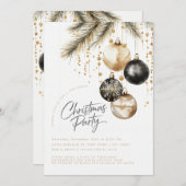 金ゴールドとブラックオーナメントバウブルクリスマスパーティー 招待状 (正面/裏面)