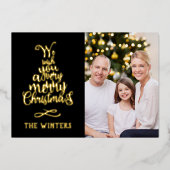 金ゴールドとブラッククリスマスツリーのレタリング写真 箔シーズンカード (正面)