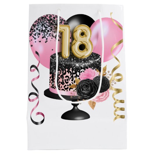 金ゴールドとブラックケーキ18誕生日名 ミディアムペーパーバッグ (裏面)