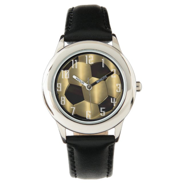 金ゴールドとブラックサッカーボール 腕時計 (正面)