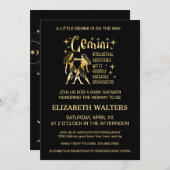 金ゴールドとブラックジェミニ〔占星術の〕十二宮図ベビーシャワー 招待状 (正面/裏面)