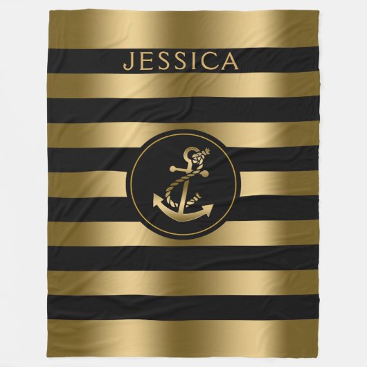 金ゴールドとブラックストライプ金ゴールドの航海のいかり フリースブランケット (正面)