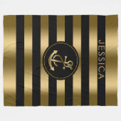 金ゴールドとブラックストライプ金ゴールドの航海のいかり フリースブランケット (正面(横))