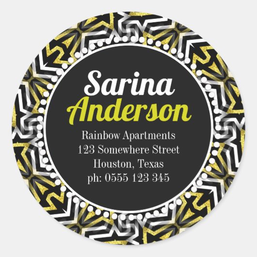 金ゴールドとブラックスパークルパター差出人住所ラウンド ラウンドシール (正面)