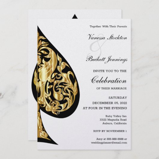 金ゴールドとブラックスペード結婚式招待状 招待状 (正面/裏面)