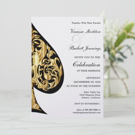 金ゴールドとブラックスペード結婚式招待状 招待状 (スタンド正面)