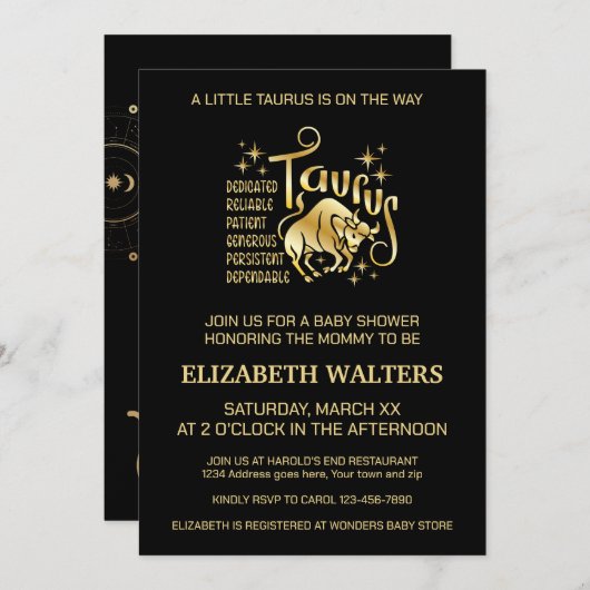 金ゴールドとブラックタウラス〔占星術の〕十二宮図ベビーシャワー 招待状 (正面/裏面)