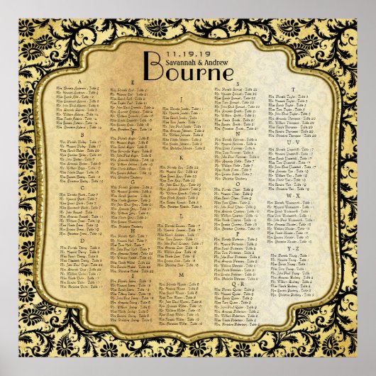 金ゴールドとブラックダマスクの結婚式のシーティングチャート ポスター (正面)