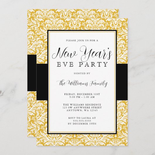 金ゴールドとブラックダマスクニューイヤーイブパーティー 招待状 (正面/裏面)