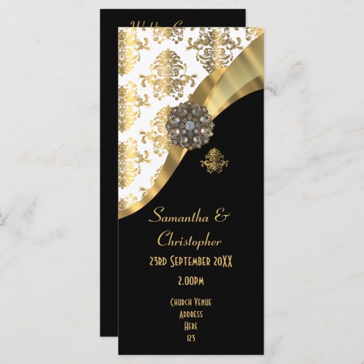 金ゴールドとブラックダマスク教会の結婚式プログラム プログラム (正面/裏面)