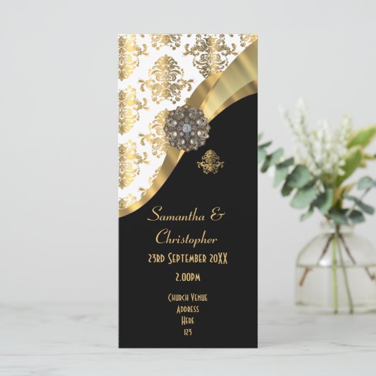 金ゴールドとブラックダマスク教会の結婚式プログラム プログラム (スタンド正面)