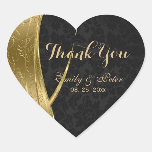 金ゴールドとブラックダマスク – ありがとう ハートシール (正面)