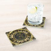 金ゴールドとブラックダマスク。金婚式 ガラスコースター (アングル)