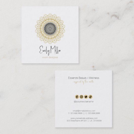 金ゴールドとブラックトライバルマンダラスクエアビジネス スクエア名刺 (正面/裏面)