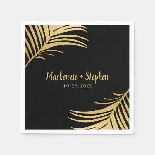 金ゴールドとブラックトロピカルパームパーソナライズされたリーフ スタンダードカクテルナプキン (正面)
