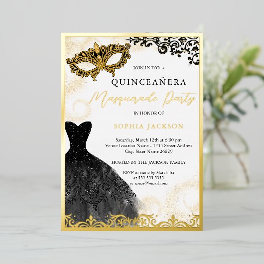 金ゴールドとブラックドレスマスカレードパーティーキンセアニェラ 箔招待状 (立ち正面)
