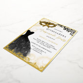 金ゴールドとブラックドレスマスカレードパーティーキンセアニェラ 箔招待状 (回転した状態)