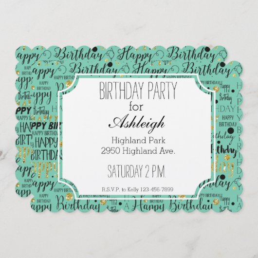 金ゴールドとブラックハッピーバースデー紙吹雪誕生日 招待状 (正面/裏面)