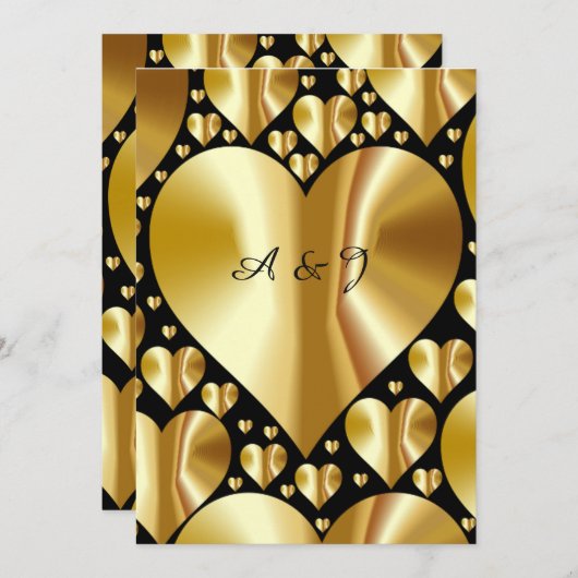 金ゴールドとブラックハートクラシック結婚式招待状 招待状 (正面/裏面)