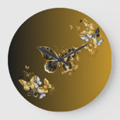 金ゴールドとブラックバタフライフローラアートゴールデンユーフォニー ラージ壁時計 (正面)